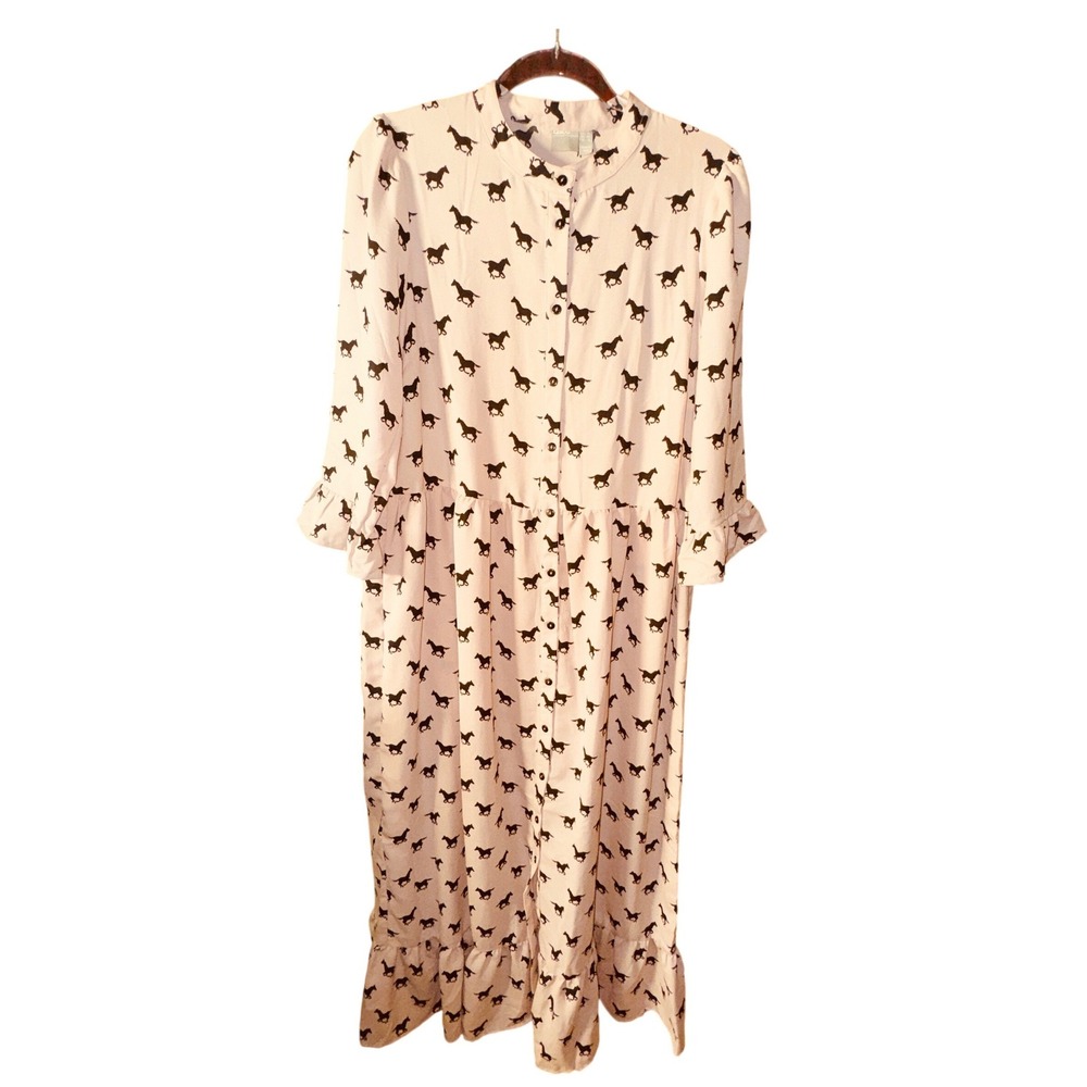 Horse Print Tiered Maxi Dress Size 10 Black Tan Western Cottage Equestrian Boho